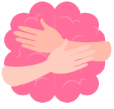 Two hands crossed in an embrace over a pink brain shape