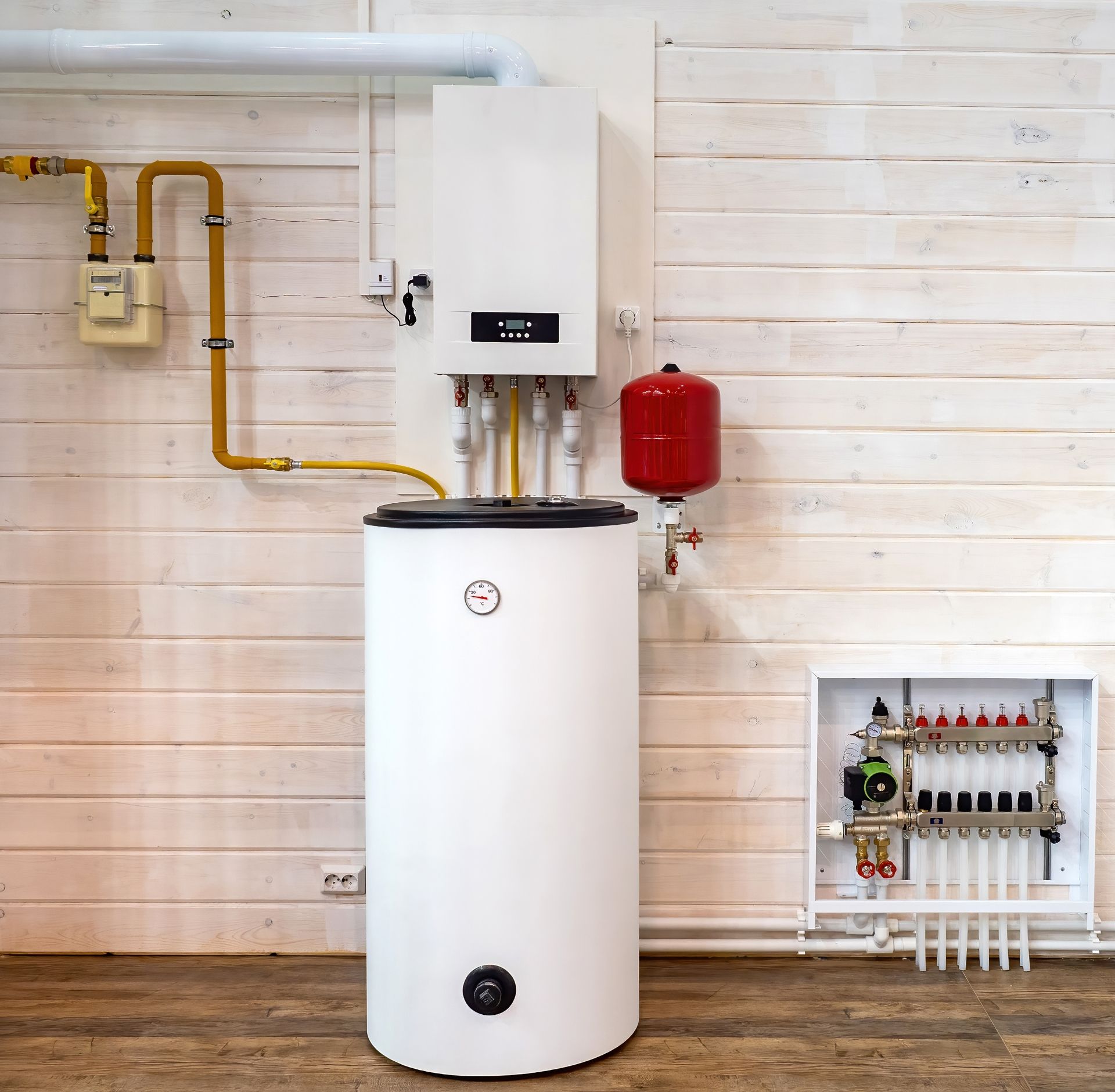 White water heater and boiler system with pipes, tank, and wall-mounted controls in a utility room