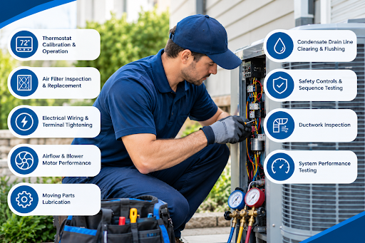 HVAC technician performing a service inspection and checking key heating and cooling system components