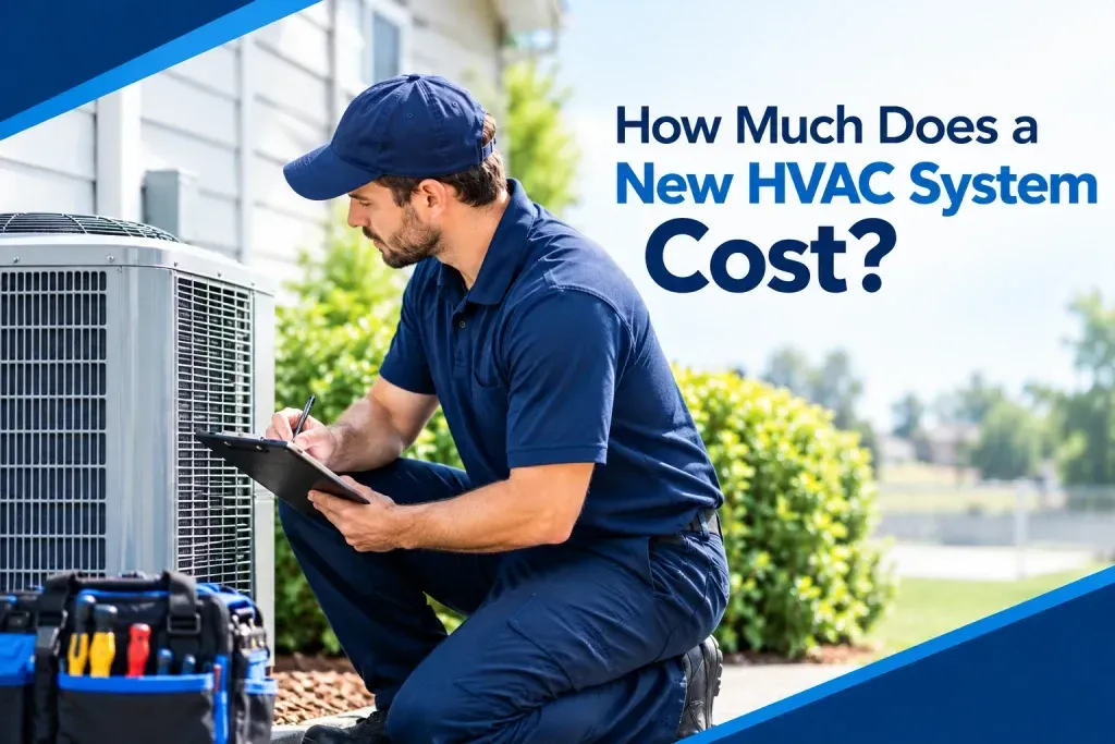 HVAC technician inspecting an outdoor air conditioning system for a new HVAC system cost estimate