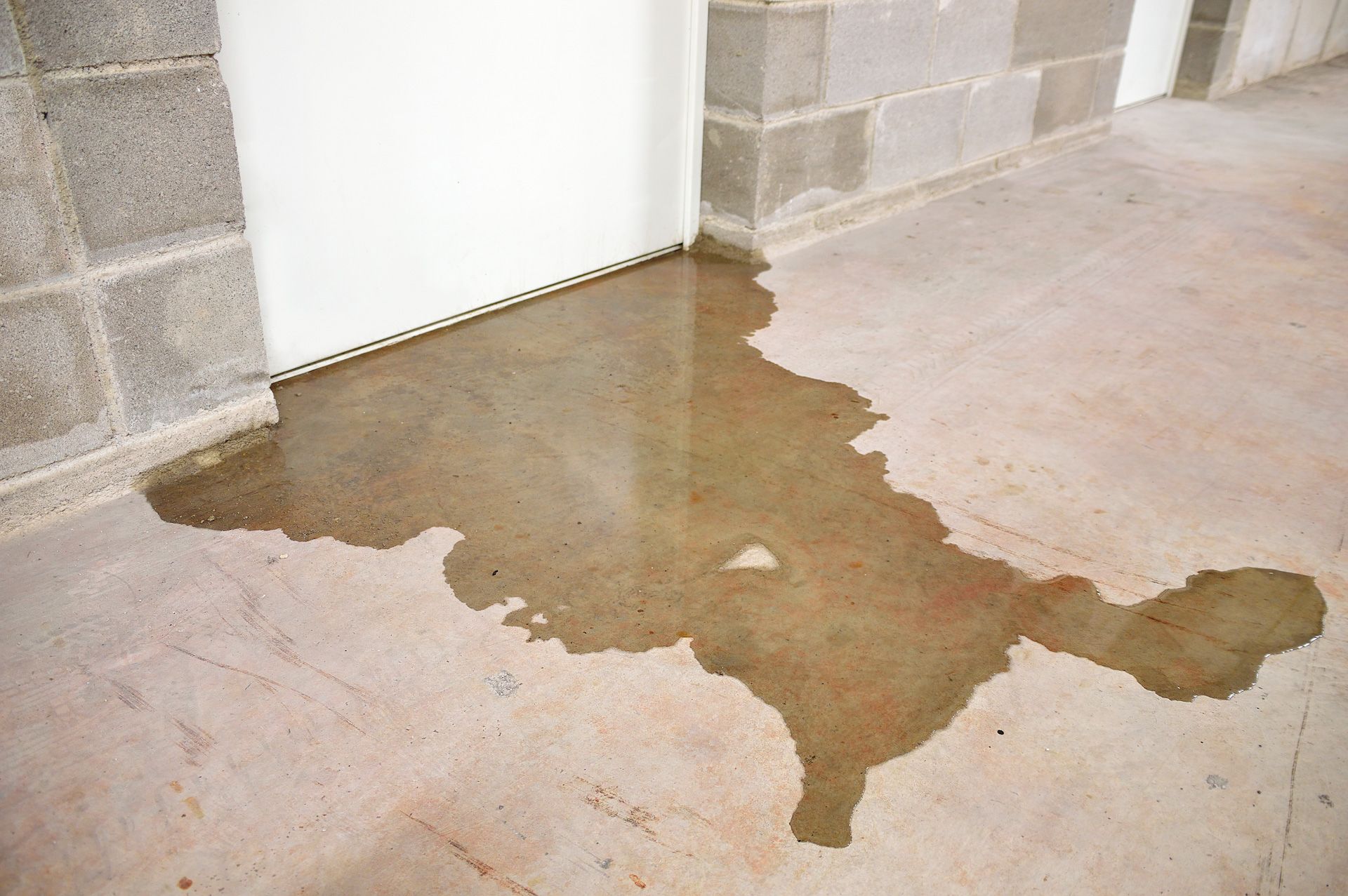 A puddle of water on the floor of a garage next to a door.