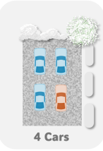 Four toy cars on a gray surface, with three blue cars and one orange car.