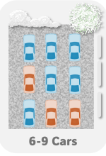 Parking lot diagram with 9 cars, mostly blue and orange, parked in a 3x3 grid.