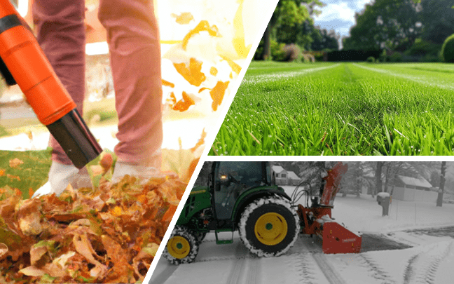 Split image of plant fertilizer, green grass, and a tractor spreading it on snow-covered ground