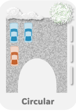 Circular parking layout with blue and orange cars around a central arch
