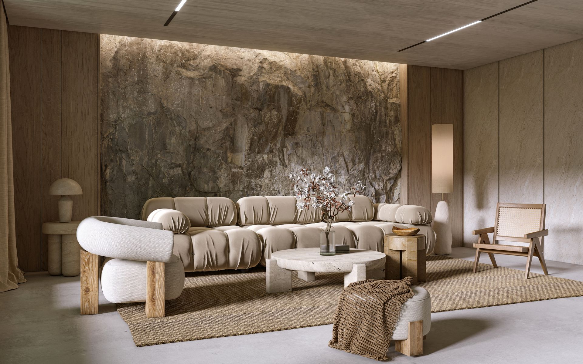 Modern beige living room with a curved sofa, textured wall, woven rug, and wooden accent chairs