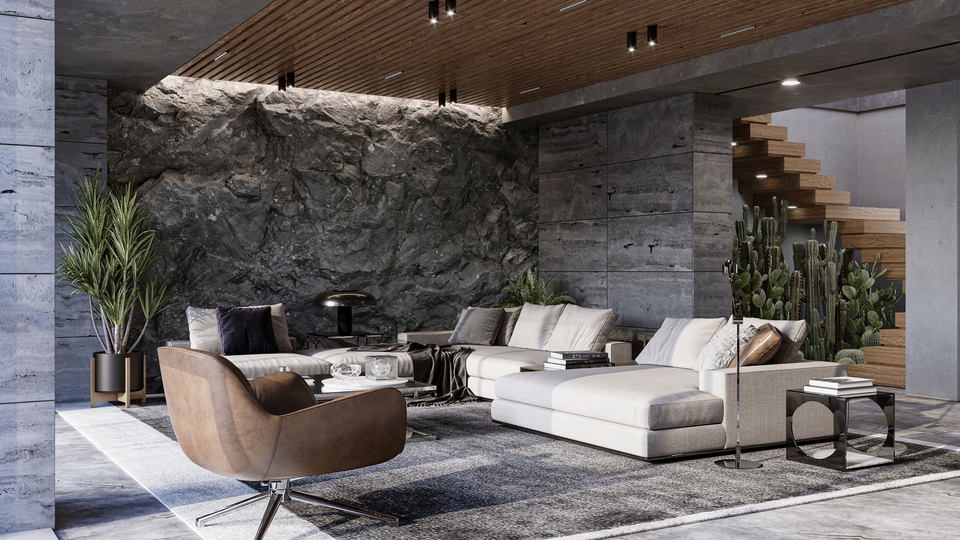 Modern patio lounge with stone wall, neutral sofas, wooden chairs, and a staircase beside indoor plants