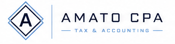 AMATO CPA tax and accounting logo with blue diamond “A” icon and navy text on white background