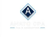 AMATO CPA logo with blue diamond and stylized “A” above gray text and thin blue line
