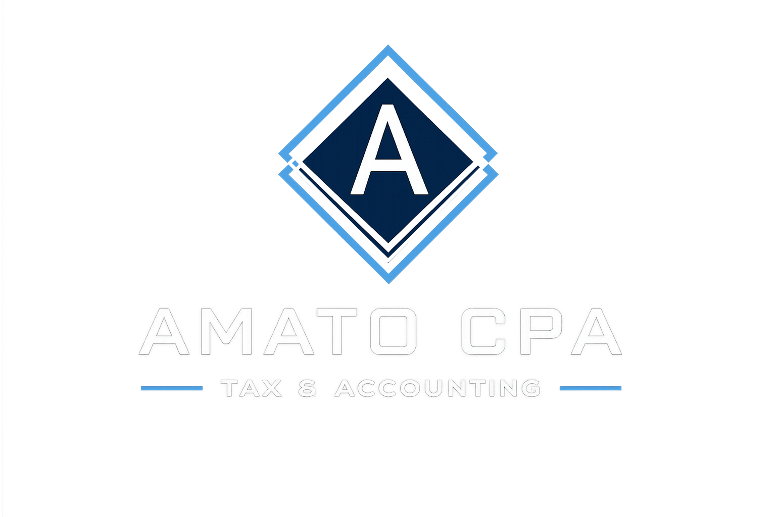 AMATO CPA logo with blue diamond and stylized “A” above gray text and thin blue line
