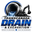 Transcanada Drain Logo A gray and blue P-trap plumbing pipe against a white background.