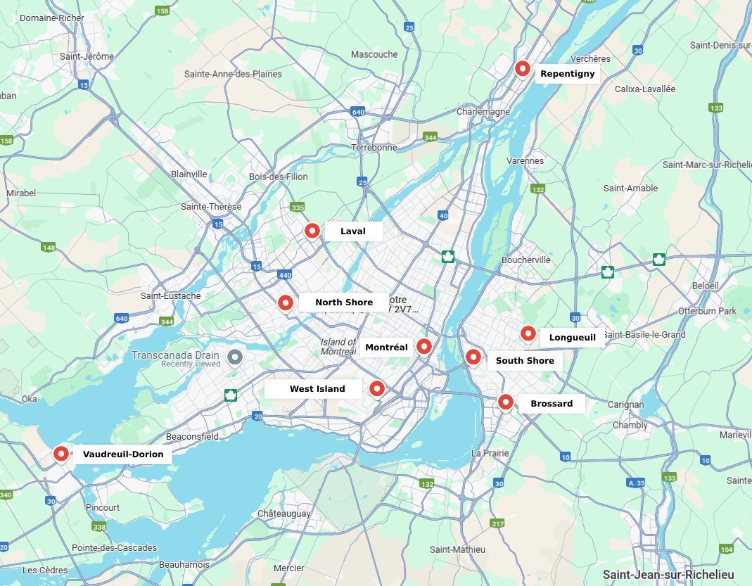 Map of Montreal, Canada, with red markers indicating various locations, and blue roadways.