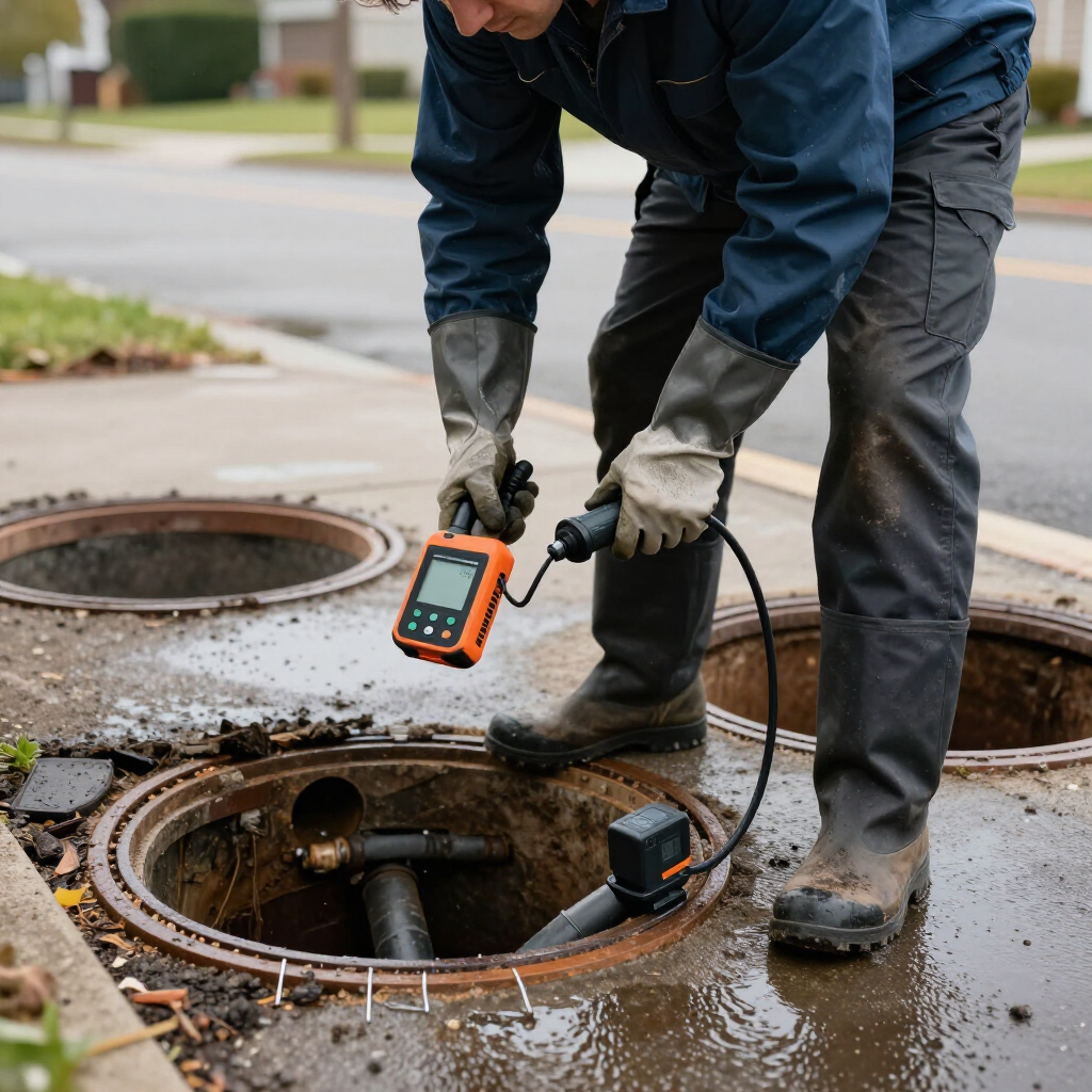 A plumber unclogging a drain with a snake, removing roots; indoor setting.