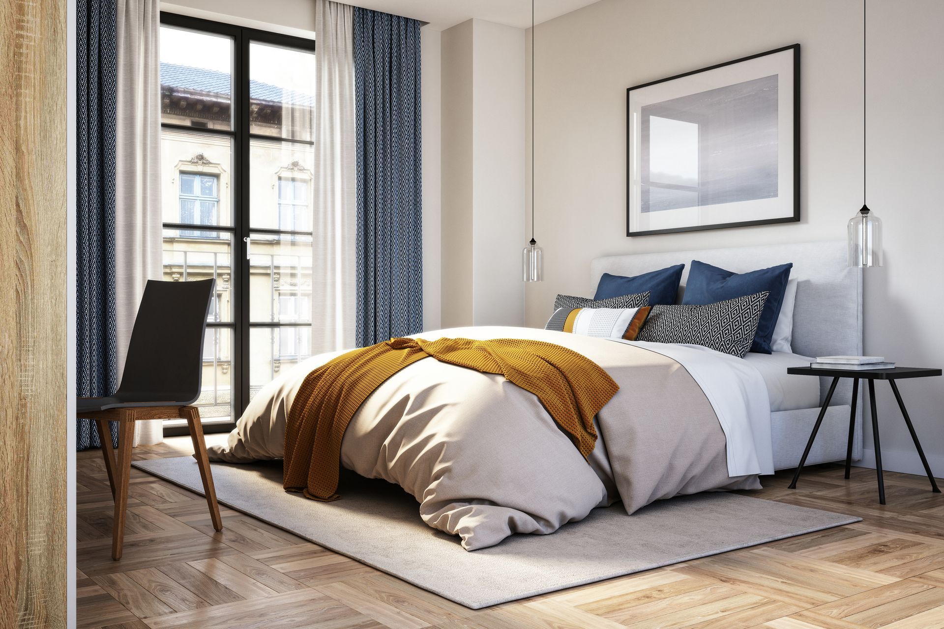 A bedroom with a large bed and a chair