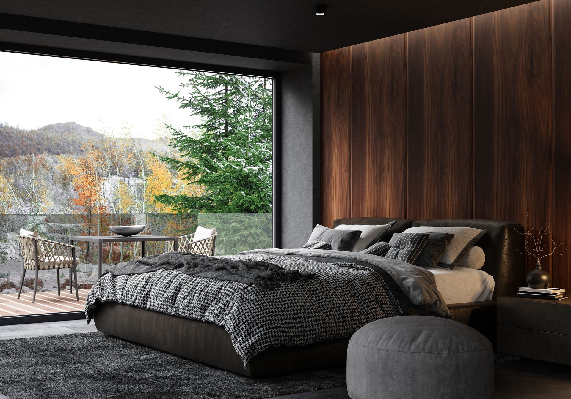 A bedroom with a large bed and a large window.