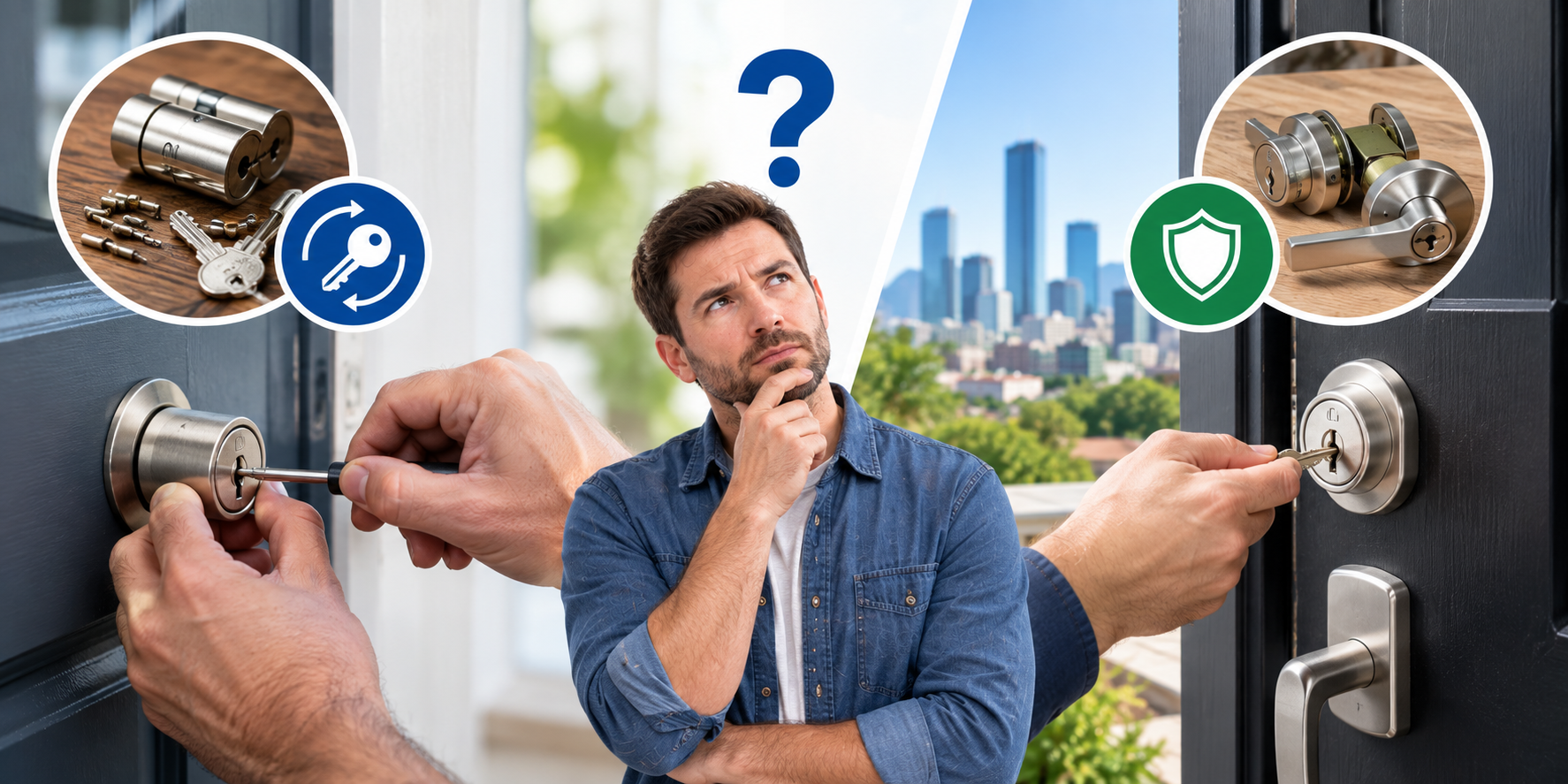 Man examining two door locks with security icons and a question mark over a city skyline background