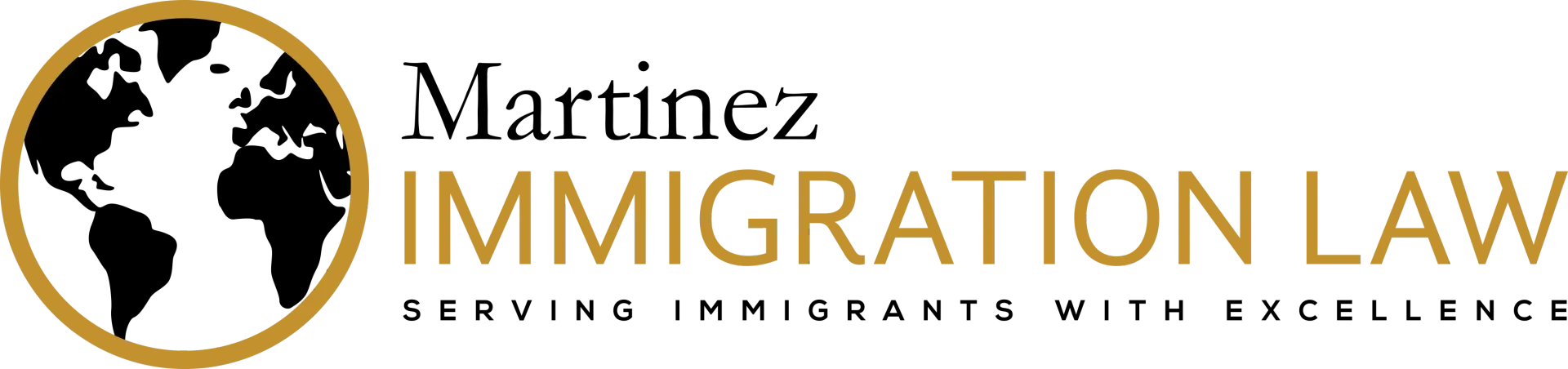 Martinez Immigration Law logo with globe icon and black-and-gold text on white background