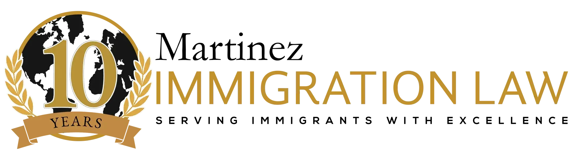 Martinez Immigration Law logo with globe icon and black-and-gold text on white background