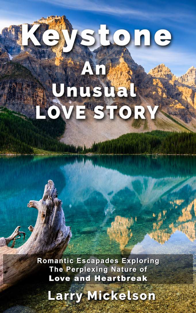 Book cover for “Keystone: An Unusual Love Story” over a mountain lake landscape with a couple in the water