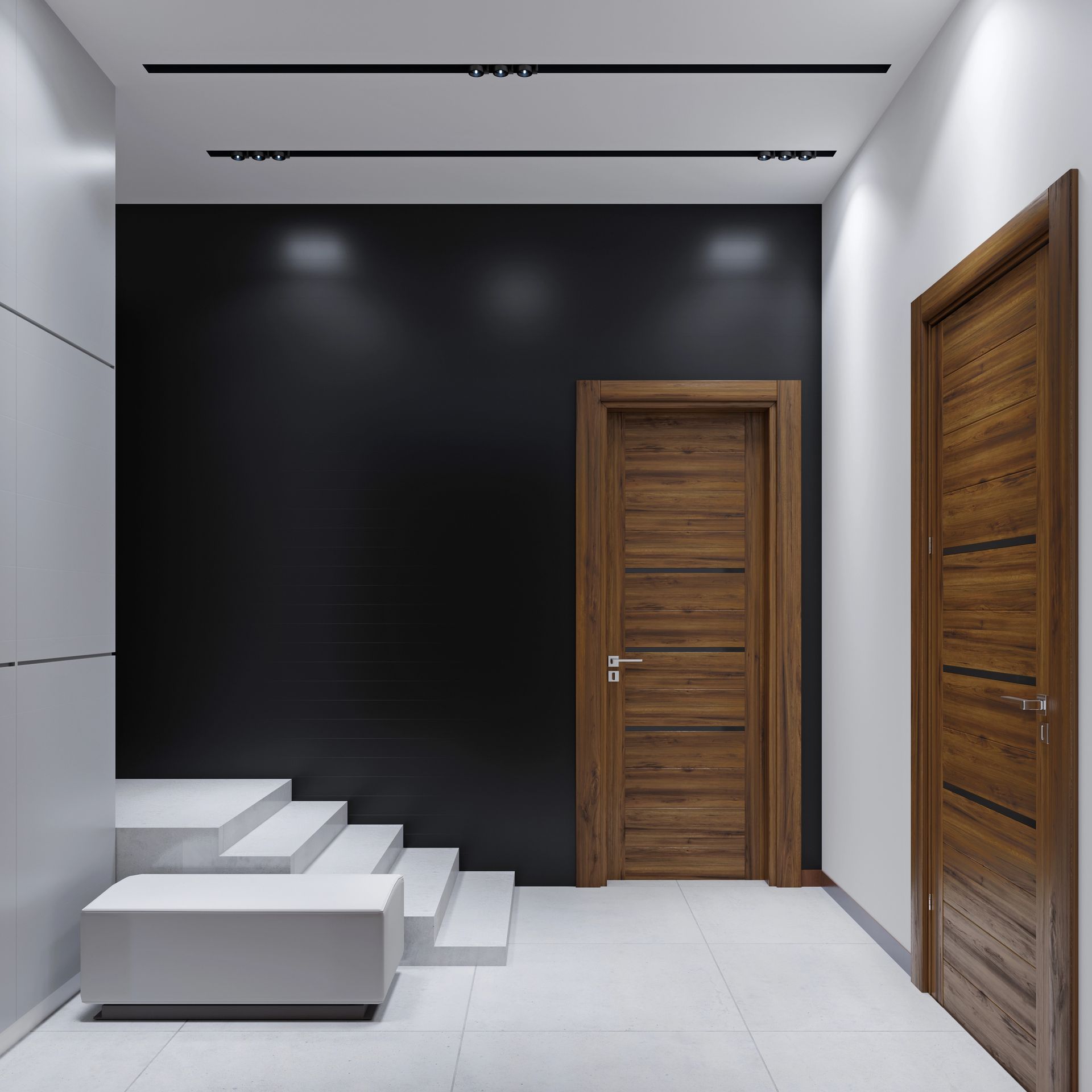 Corridoio moderno con pavimento e pareti bianche, una parete decorativa nera, porte in legno e scalini bianchi a più livelli che conducono al piano superiore.