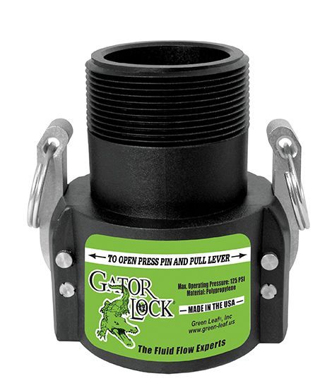 Black and silver GatorLock cam and groove fitting. Black male threaded end with two lever arms. Green label.