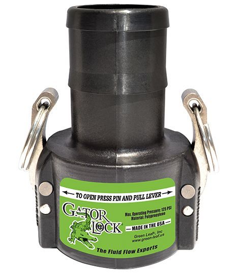 Black GatorLock cam and groove fitting with hose barb, green label, and metal handles.