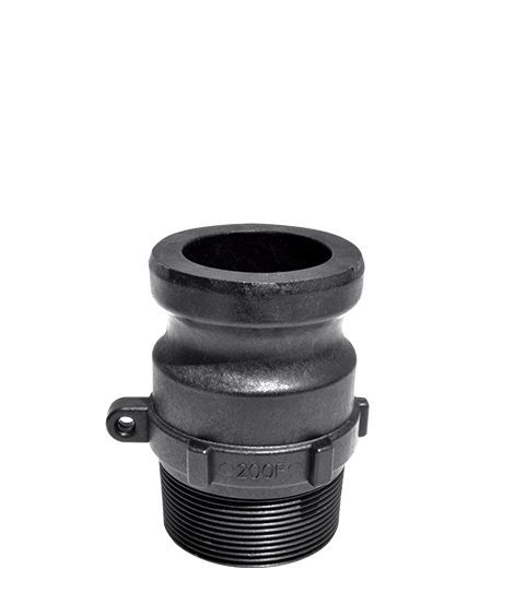 Black cam and groove fitting with a threaded end.