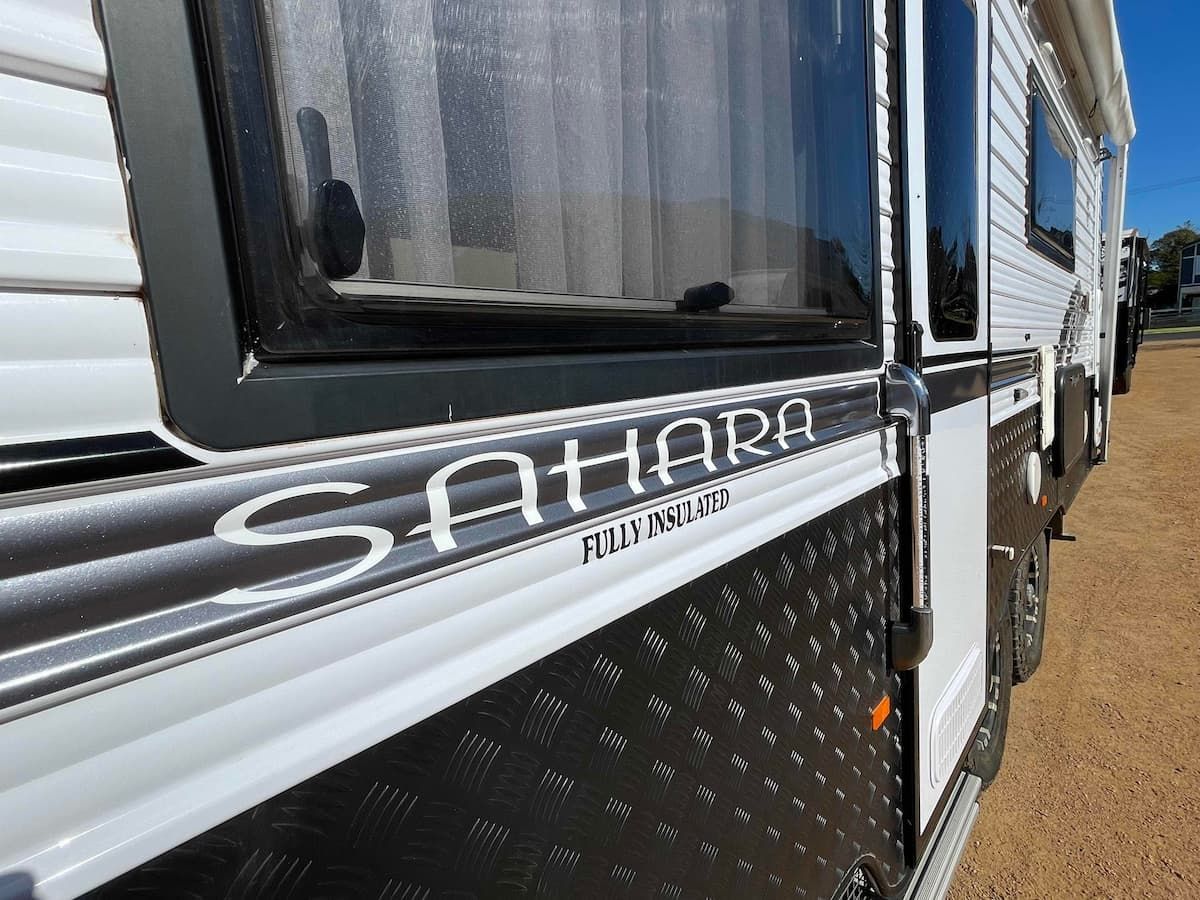 Side View of a White Sahara Travel Trailer With Black Trim — B & C Caravan Service Pty Ltd In Dubbo, NSW