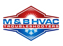 M & B HVAC Troubleshooters logo in red, blue, and white with snowflake and sunburst design