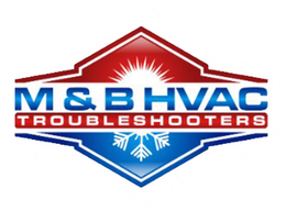 M & B HVAC Troubleshooters logo in red, blue, and white with snowflake and sunburst design