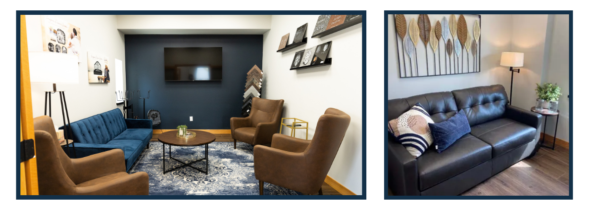 Two rooms with comfortable furniture, suitable for a family to sit in and say their final goodbyes to their beloved pet