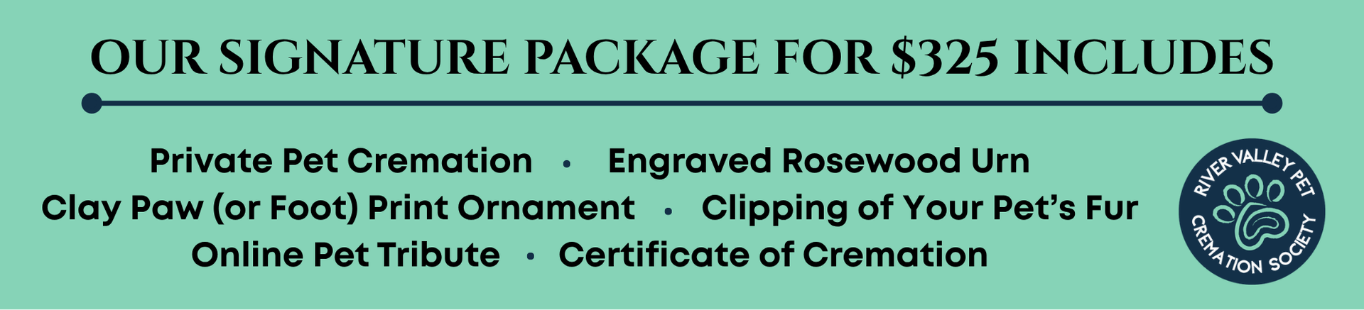 green banner describing a $325 signature pet cremation service and the features included