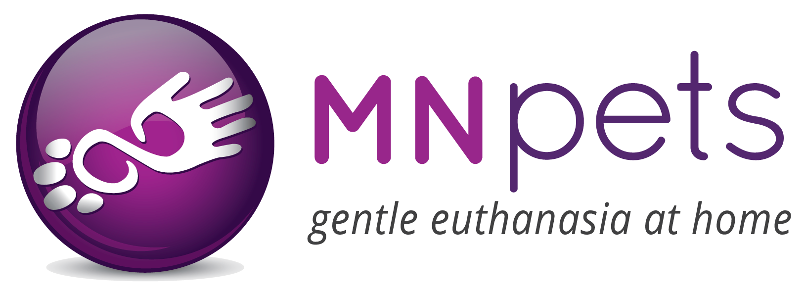 MNpets logo, gentle euthanasia at home, purple circle with a human hand and a pet paw