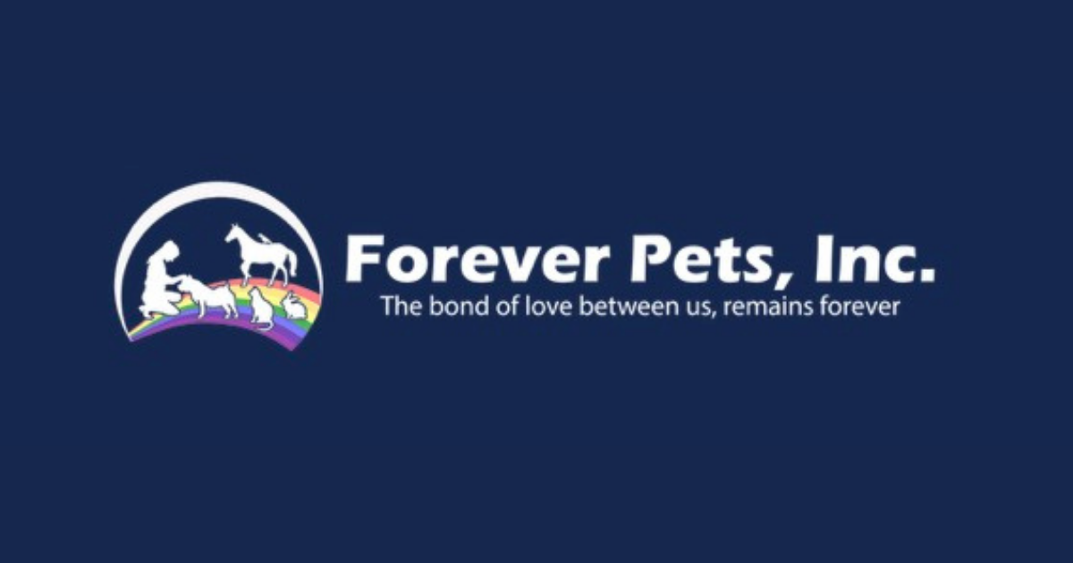 Forever pets, Inc. on a blue background, with a human and many animal forms silhouetted against a rainbow
