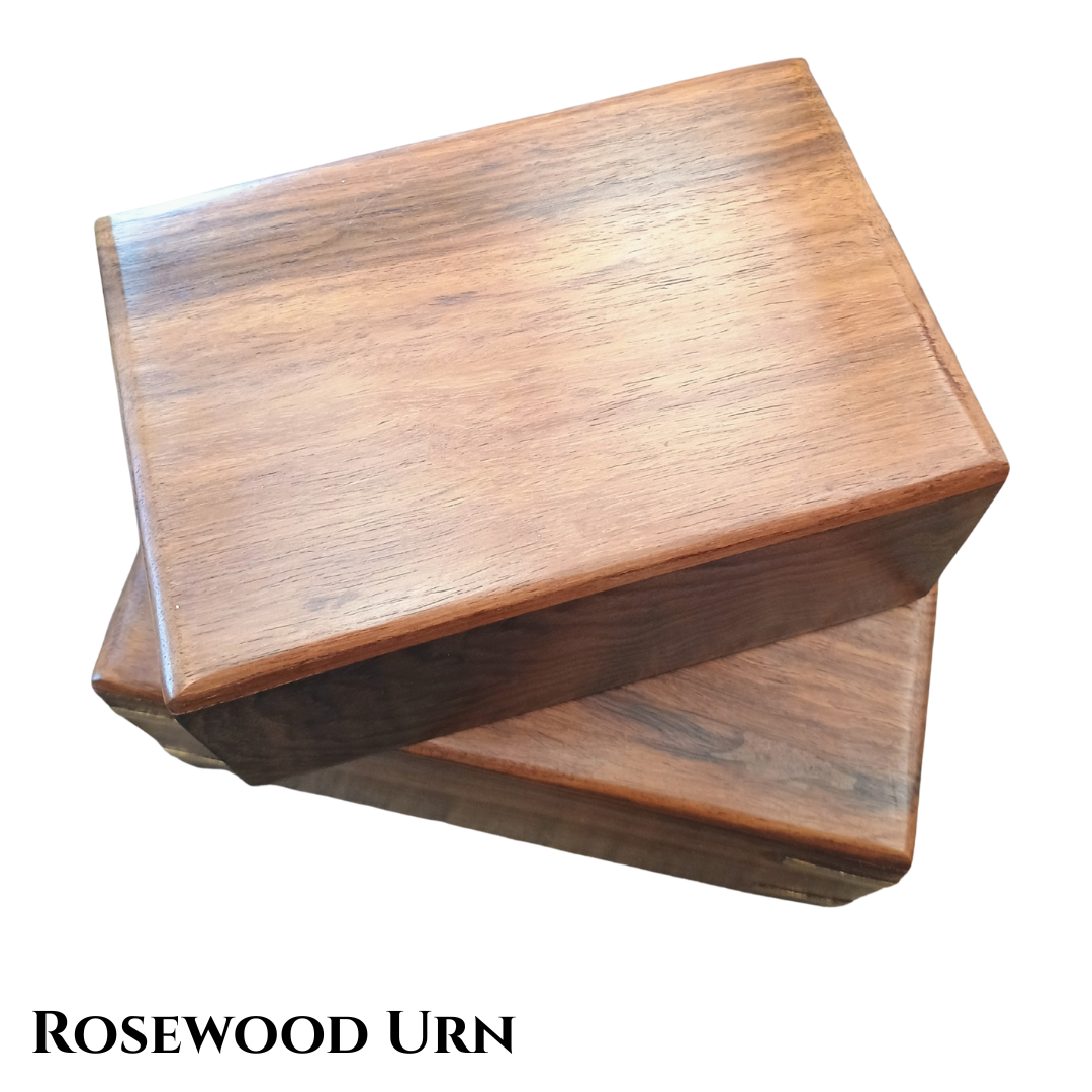 Brown rosewood box smaller than a shoebox for animal cremains