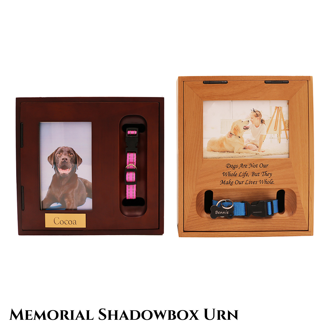 Walnut and oak shadowbox urns for pet cremains. Urns have space for a photo and pet collar on the front.