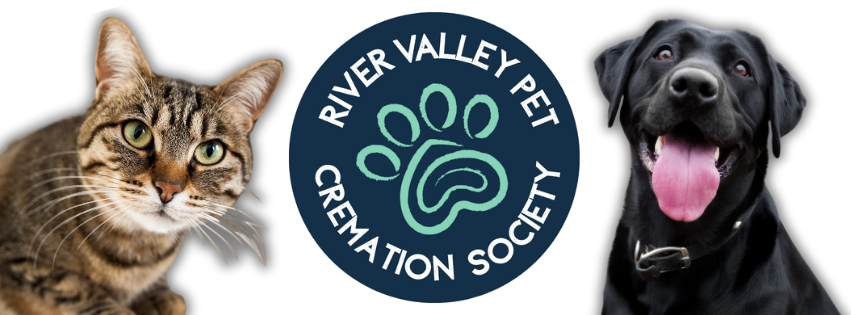 Cat and dog on either side of our River Valley Pet Cremation Society logo.