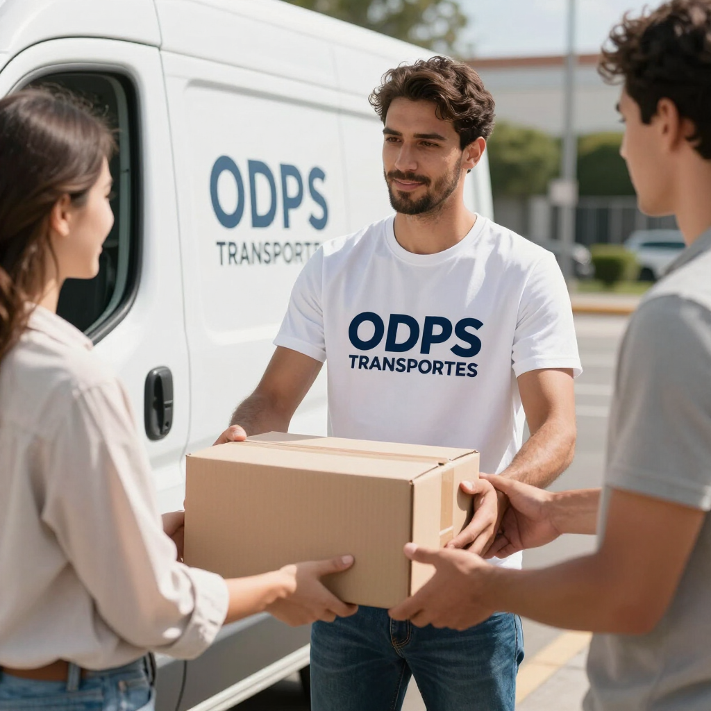 Entregadores passando uma caixa de papelão ao lado de uma van branca de transporte da ODPS.