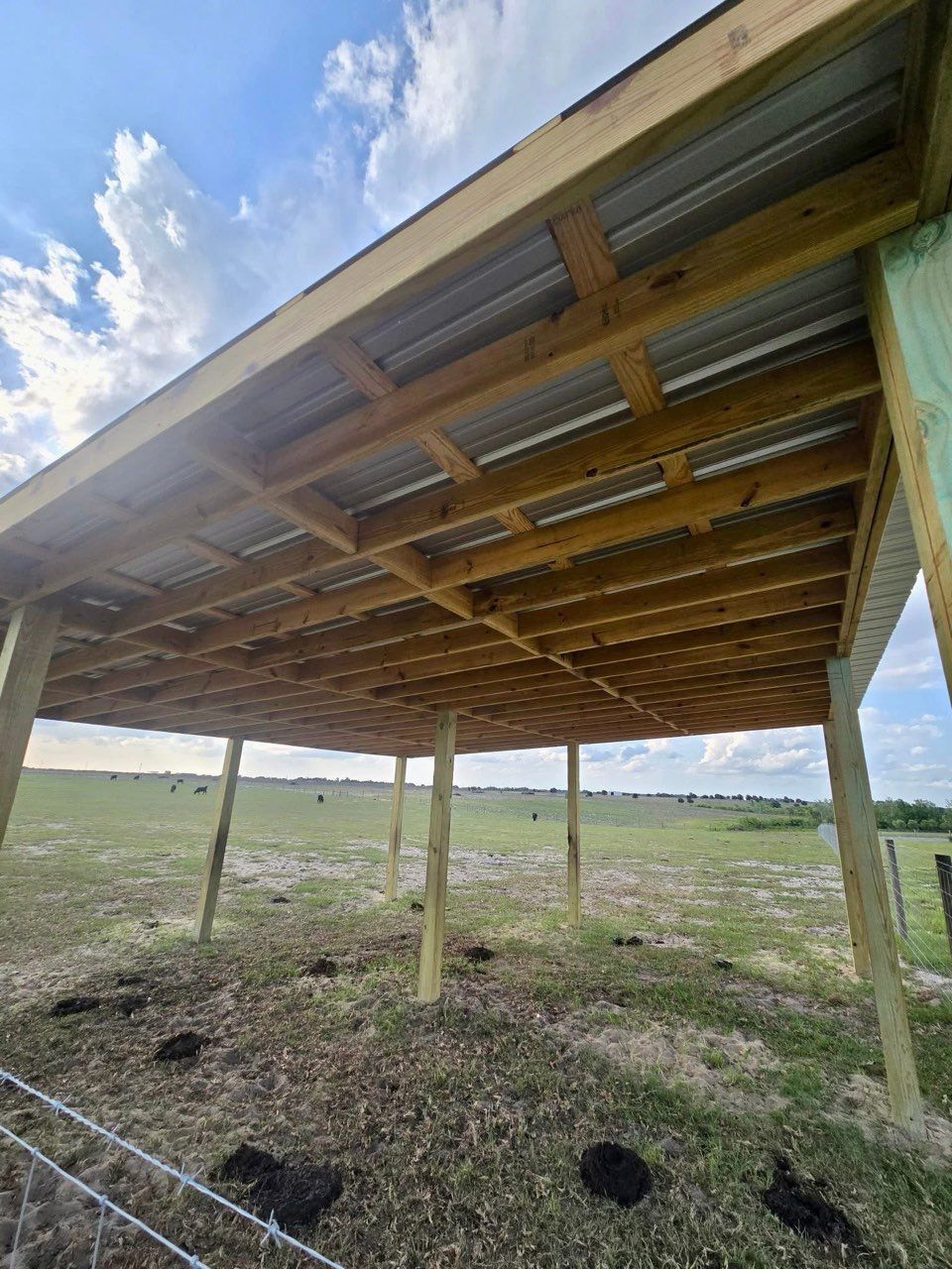 Open-sided solar panel canopy on posts over a grassy field under a cloudy sky