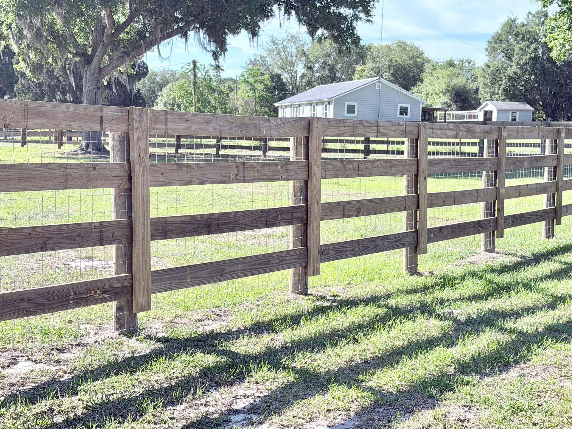 Brown wooden fence in a grassy yard with houses and trees in the background under a sunny sky