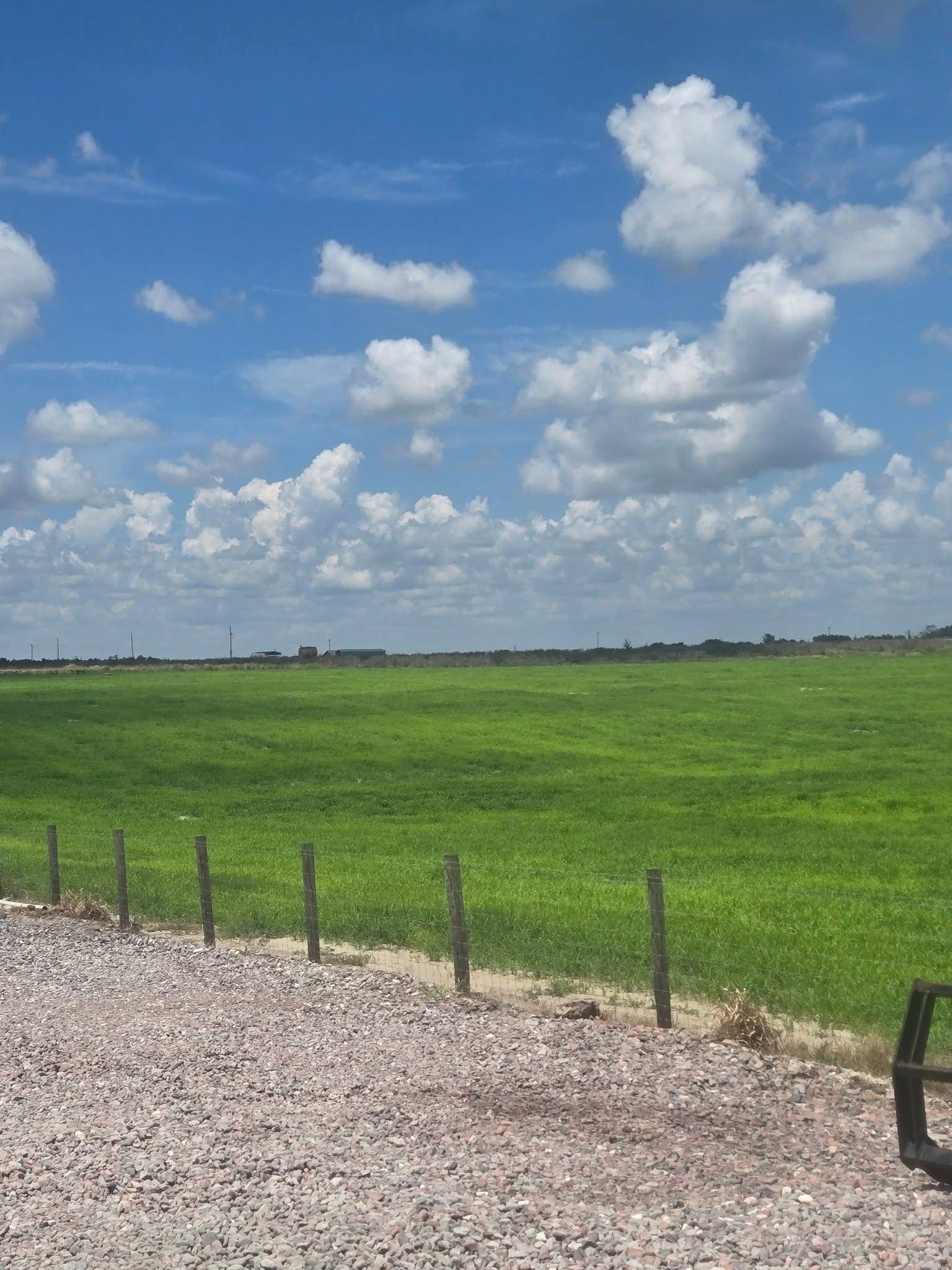 Gravel roadside beside a green field under a blue sky with scattered clouds