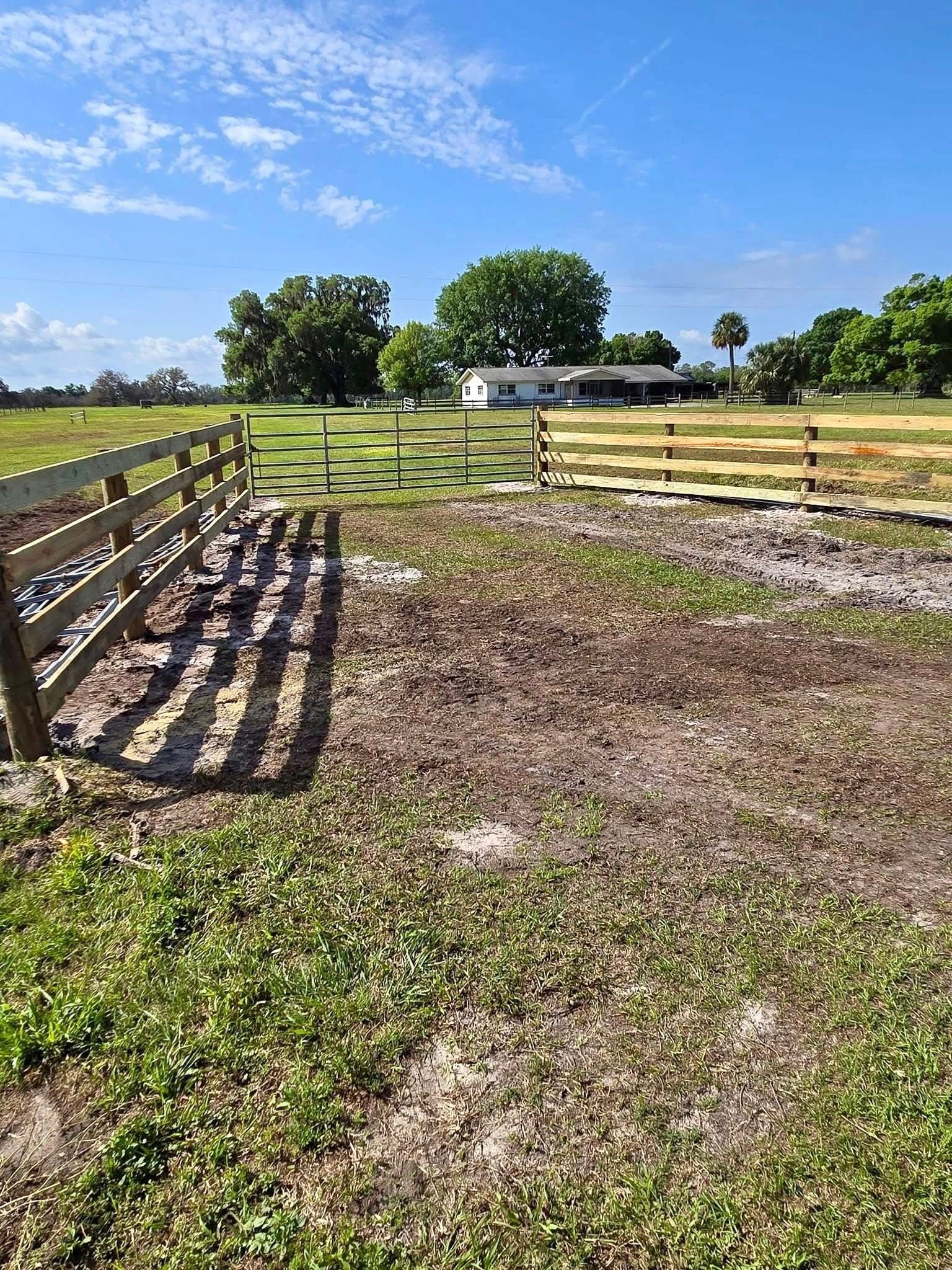 Sunny rural pasture with wooden fence, open field, and trees under a blue sky