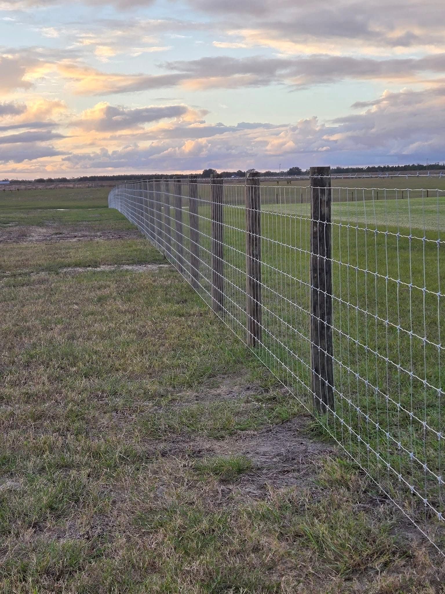 Long wire fence beside a grassy field at sunset under a cloudy sky