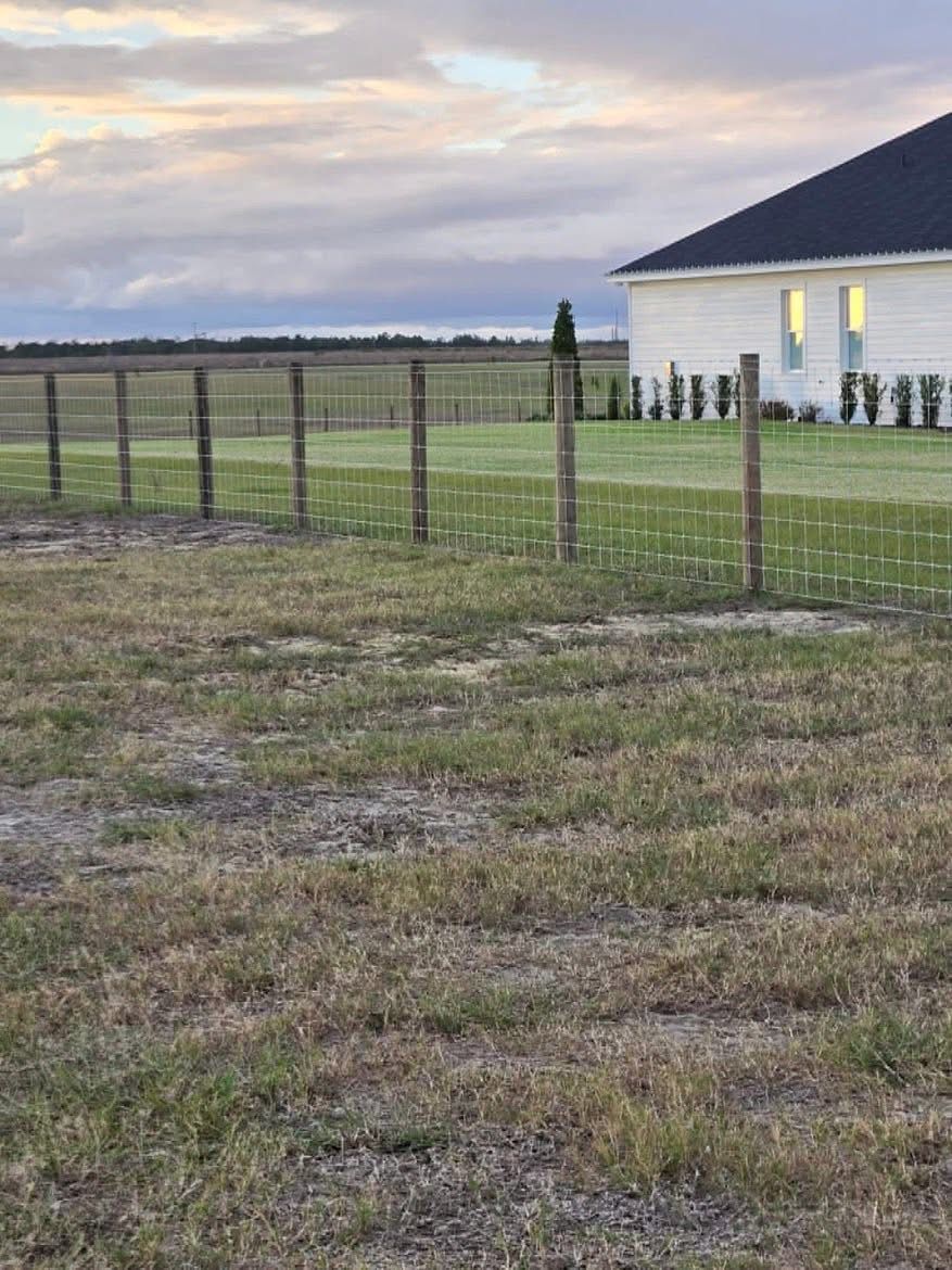 Rural field with a wire fence leading to a white house at sunset