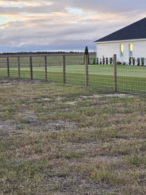 Rural field with a wire fence leading to a white house at sunset