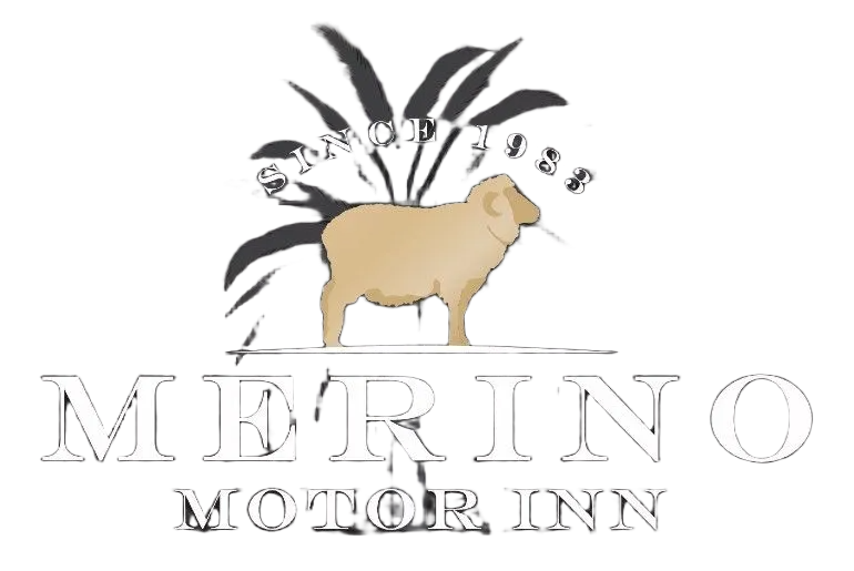 Merino Motor Inn logo with a sheep silhouette and palm tree graphic