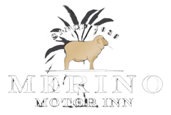 Merino Motor Inn logo with a sheep silhouette and palm tree graphic
