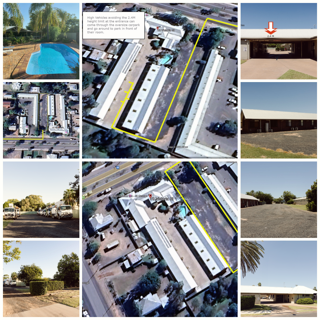 Aerial site map and street-level views of a commercial building complex with highlighted boundaries and parking lots