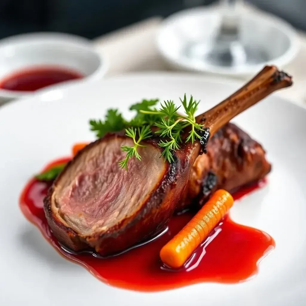 Plated lamb chop with red sauce and herbs on a white plate