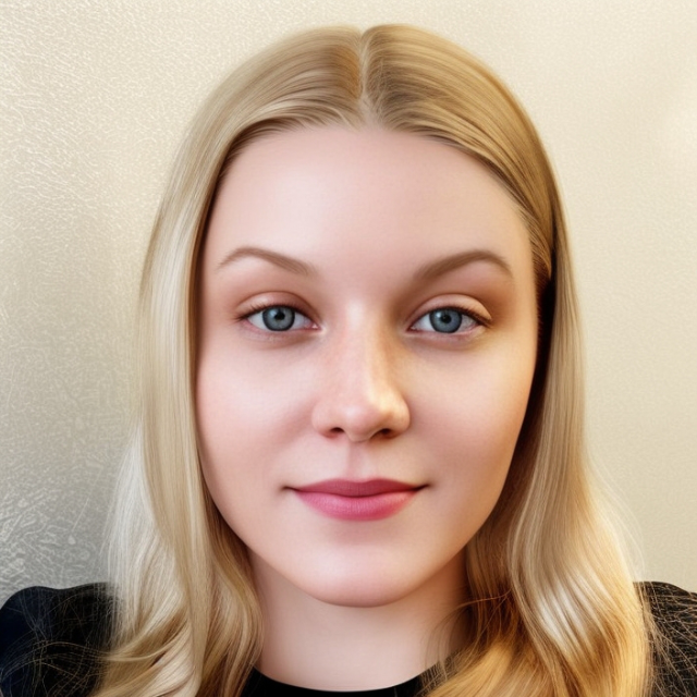 A woman with blonde hair and blue eyes is smiling for the camera